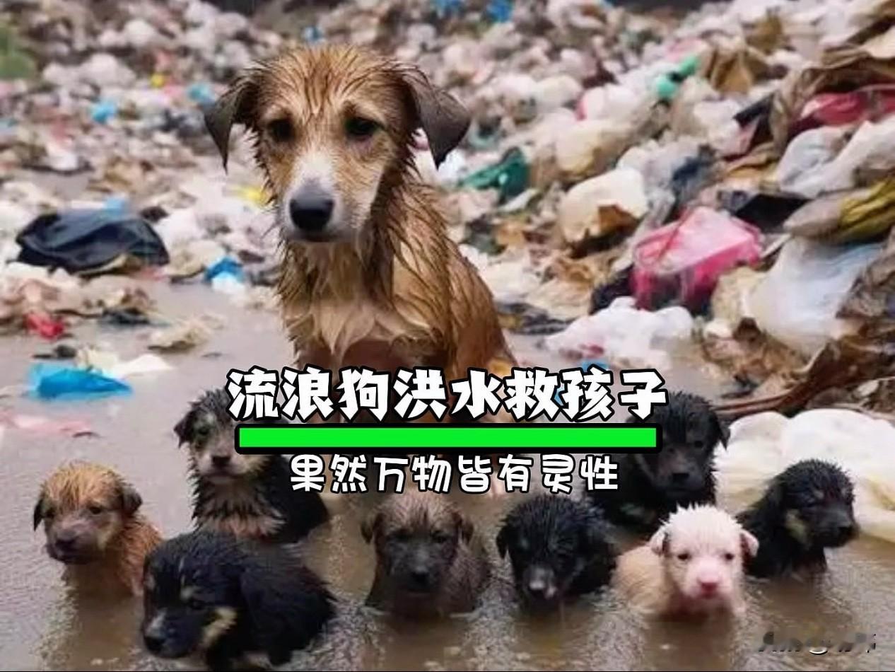 一只流浪狗妈妈生活的地方发了洪灾，它的小窝被淹没了，正在外面找食物的它第一时间往