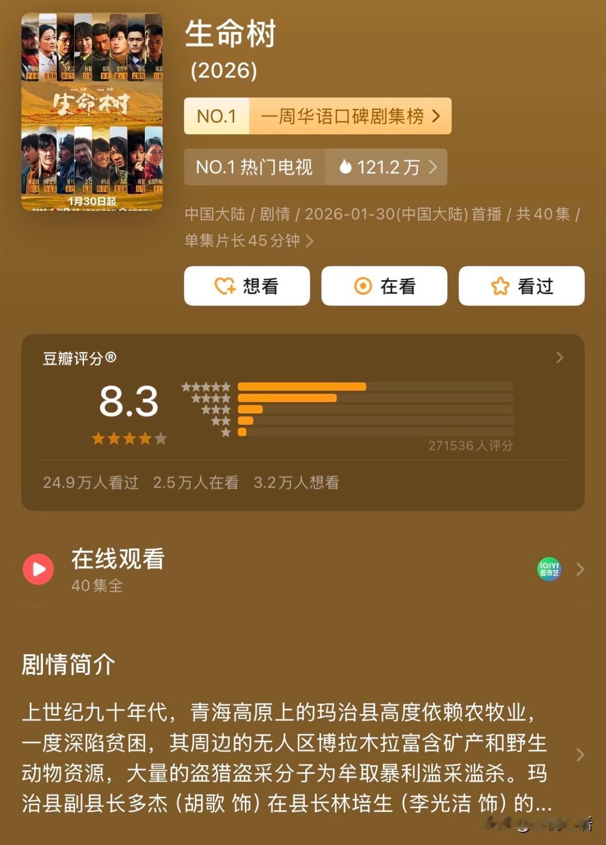 开年王炸剧实锤了！杨紫胡歌主演的《生命树》豆瓣评分涨到8.3分，这分数太能打了！