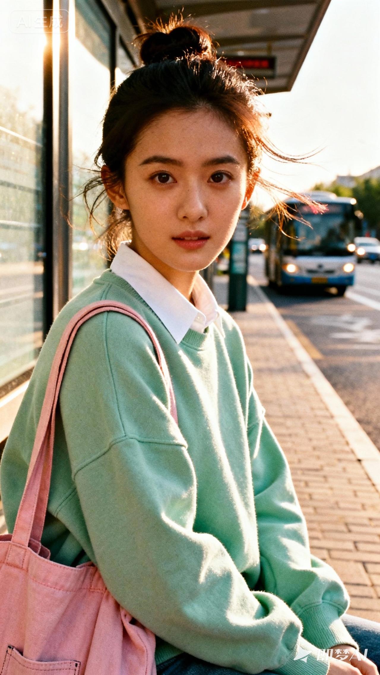 绿衣美人倚公交，春风拂面意自闲。