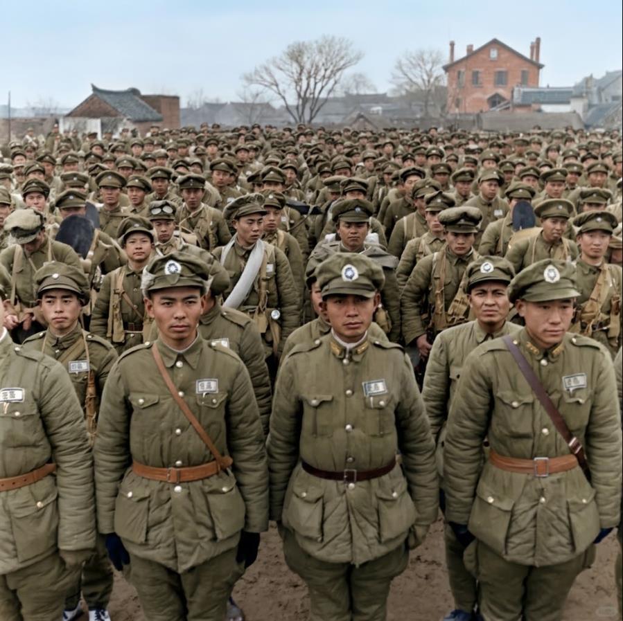 1947年2月，山东，成百上千名身着厚棉军装的国军士兵整齐列队，胸前佩戴部队标识