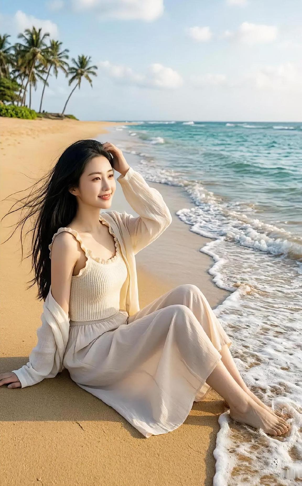 暖阳洒在柔软的沙滩，海浪轻拍着脚丫。你穿着浅色长裙，长发随风，笑容明