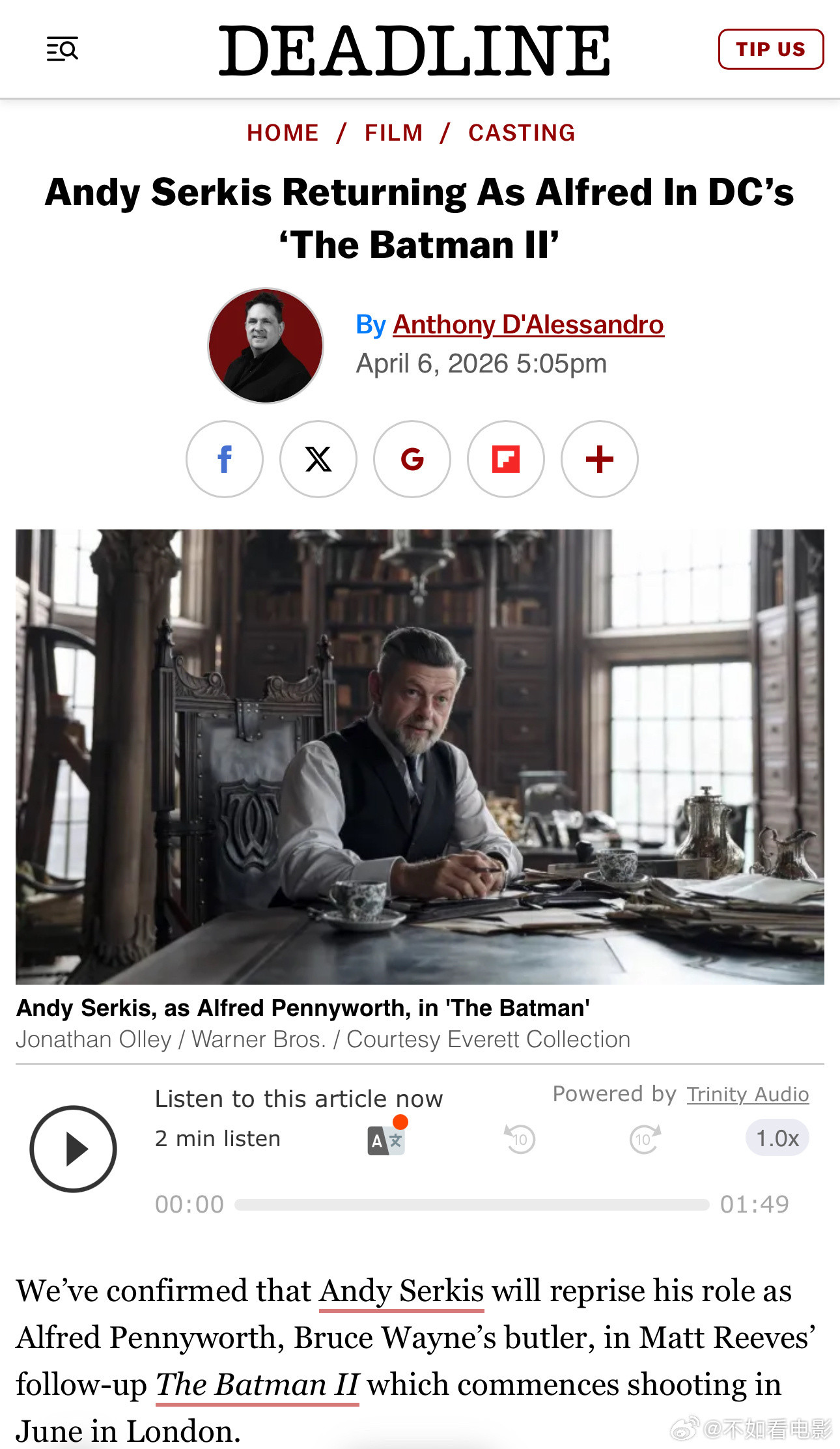 新蝙蝠侠2六月开拍根据Deadline独家报道，DC新片《新蝙蝠侠2》将于今年