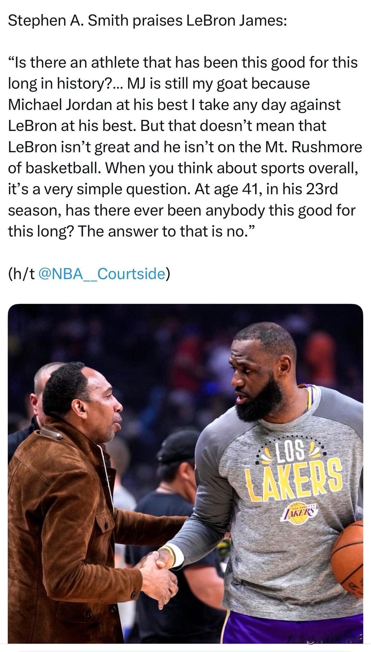 太阳打西边出来了？詹姆斯获A史密斯认可！近日，ESPN知名评论员史蒂芬-A史