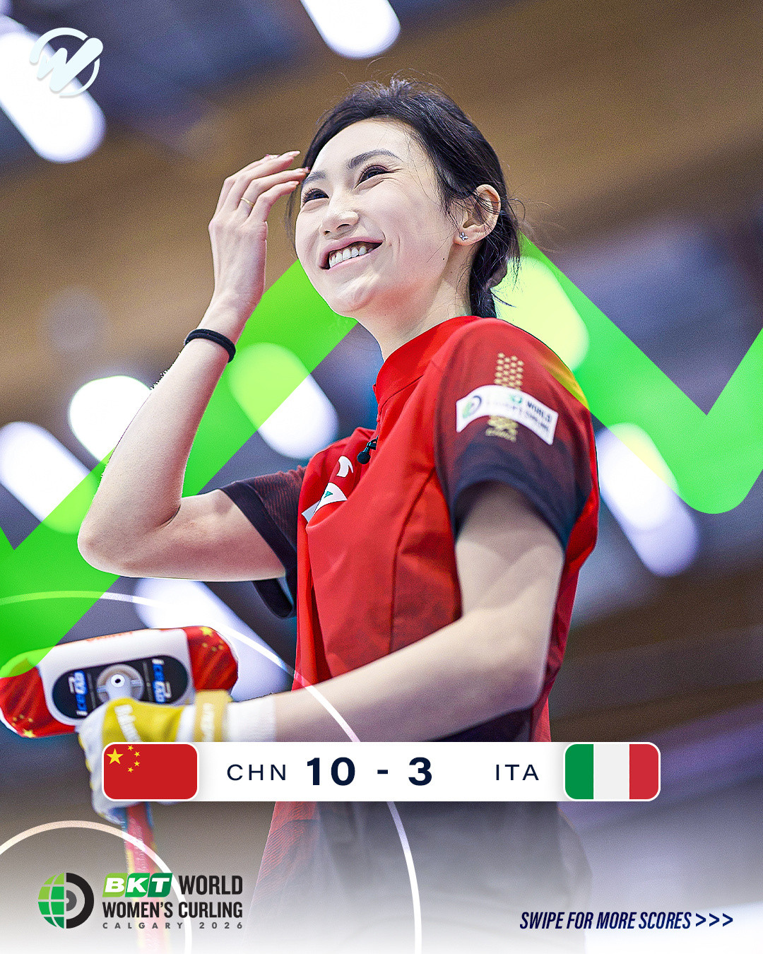 #中国冰壶女队10比3意大利#女子冰壶世锦赛循环赛，中国队10-3战胜意大利，