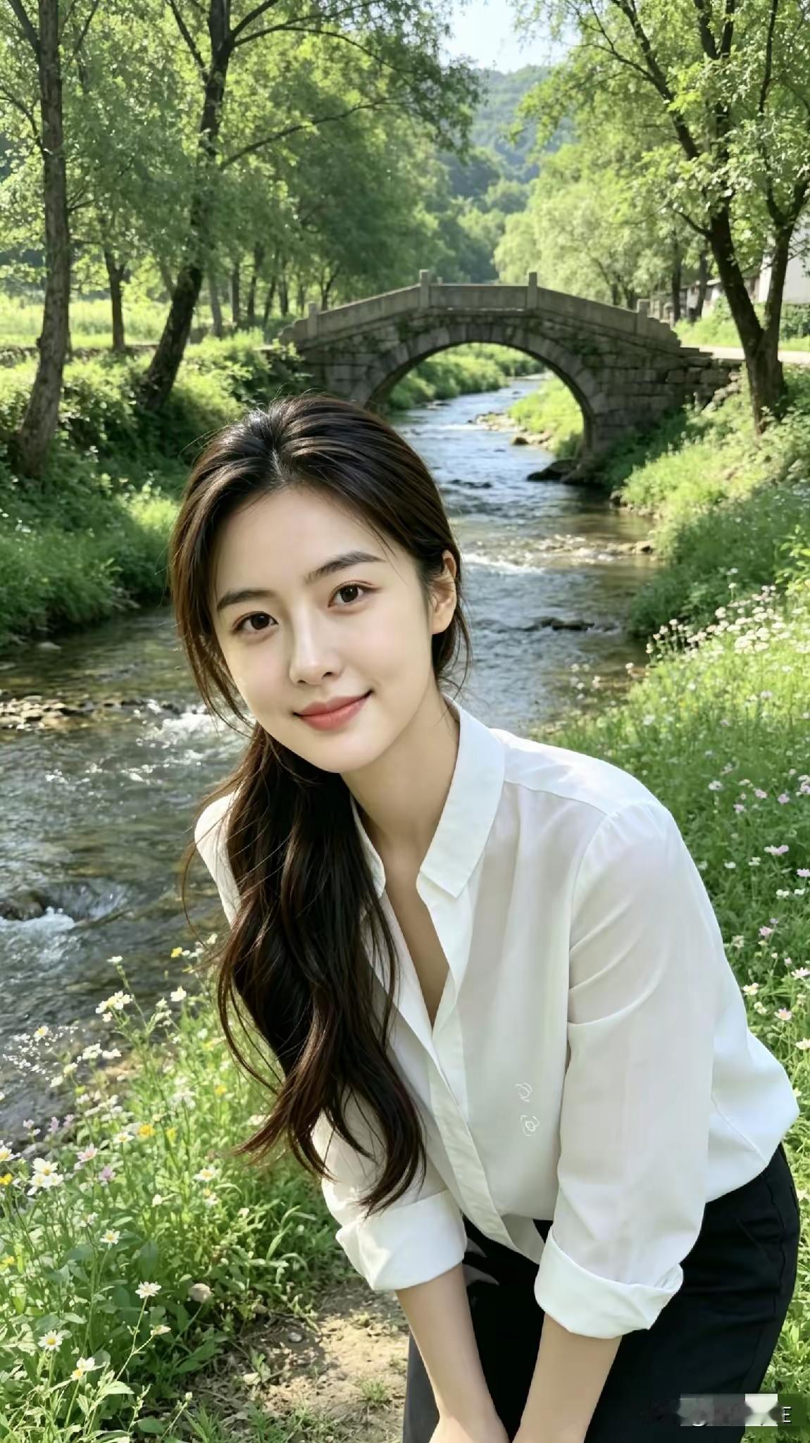 阳光下的少女与石桥，清新自然，美不胜收！🌞🌿💐