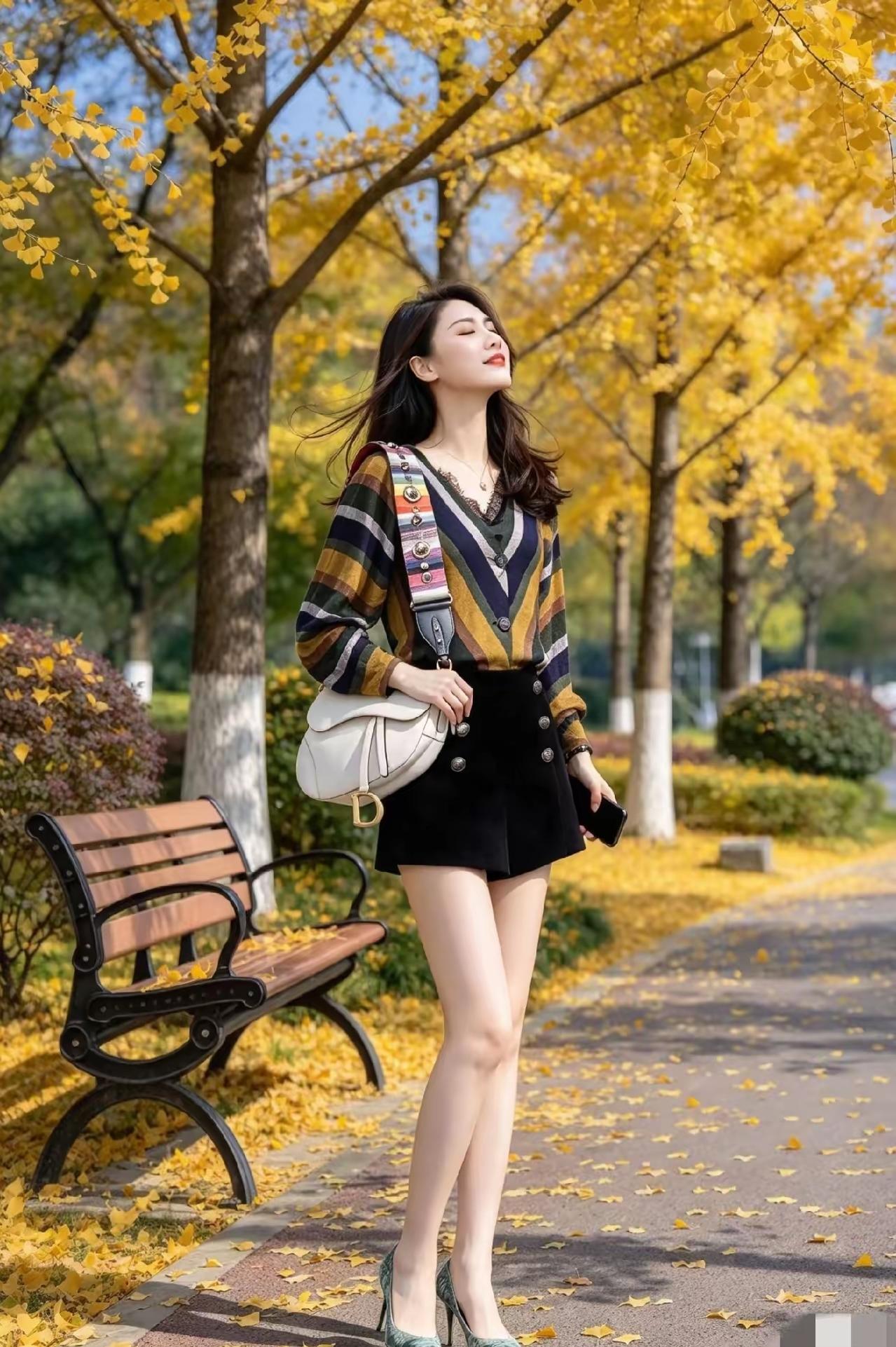 秋天落叶，美女享受阳光。