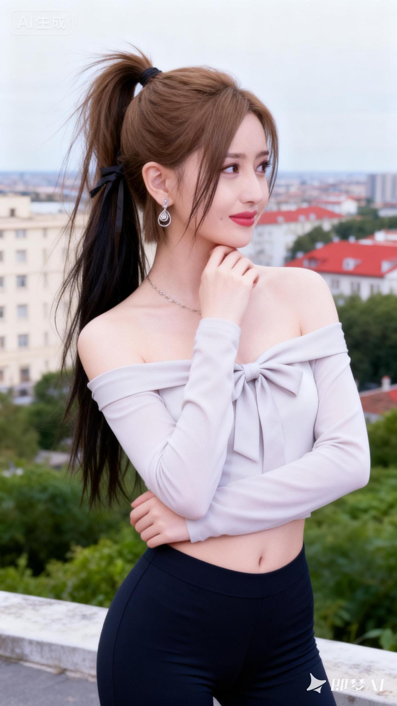 元气少女风，高马尾搭配露肩上衣，轻松自在！🌞👗💃