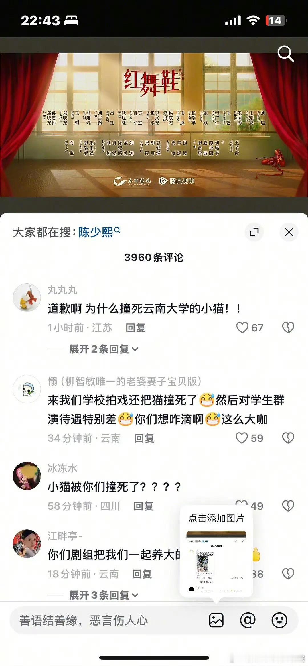 周也出演的《红舞鞋》官抖被学生冲了，去云南大学拍戏，给人学校的猫撞死了，控诉学生