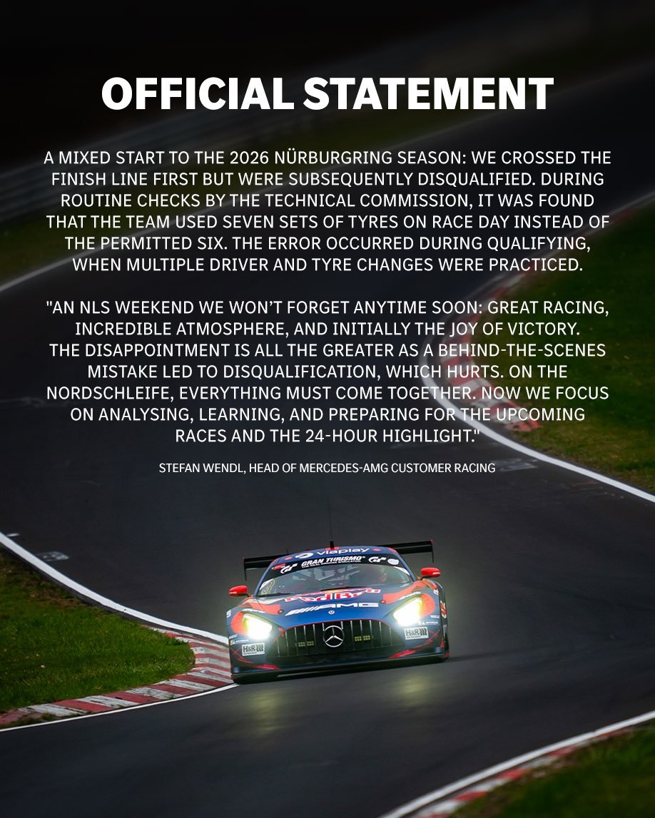 3号梅赛德斯-AMG由于轮胎使用数量违规被取消NLS2成绩。梅赛德斯官方声明提到