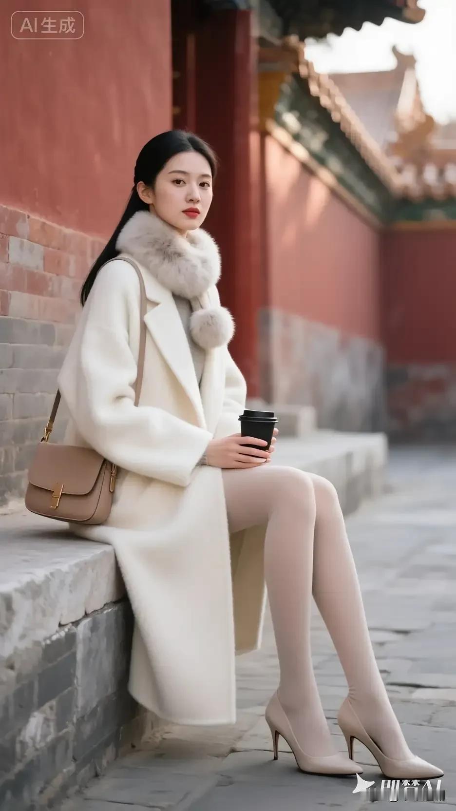 米白毛呢大衣搭毛绒围脖，宫墙红墙背景揉出贵气又温婉的冬日氛围感☁️灰色羊绒呢大