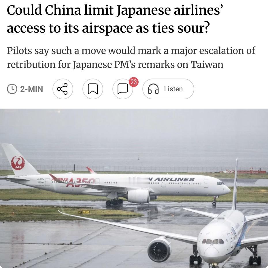 外媒：中日航空博弈，中国或限制日本航空公司过境权中日关系持续恶化，航空业正面