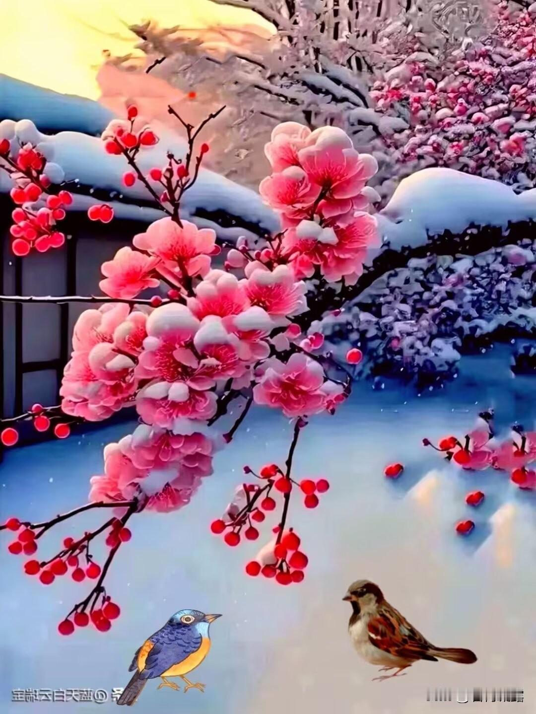 上联：雪舞寒冬添画韵下联：梅香小院醉春光。