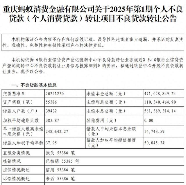 蚂蚁消金甩卖5.8亿个人消费不良贷款, 涉借款人3.9万户