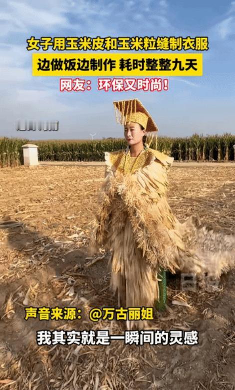 河南，一名农家女子做饭的时候萌生创意，利用玉米皮与玉米粒手工缝制一件古风礼服，一