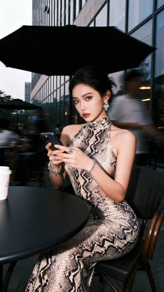 咖啡桌旁看手机的美女。连衣裙美女壁纸