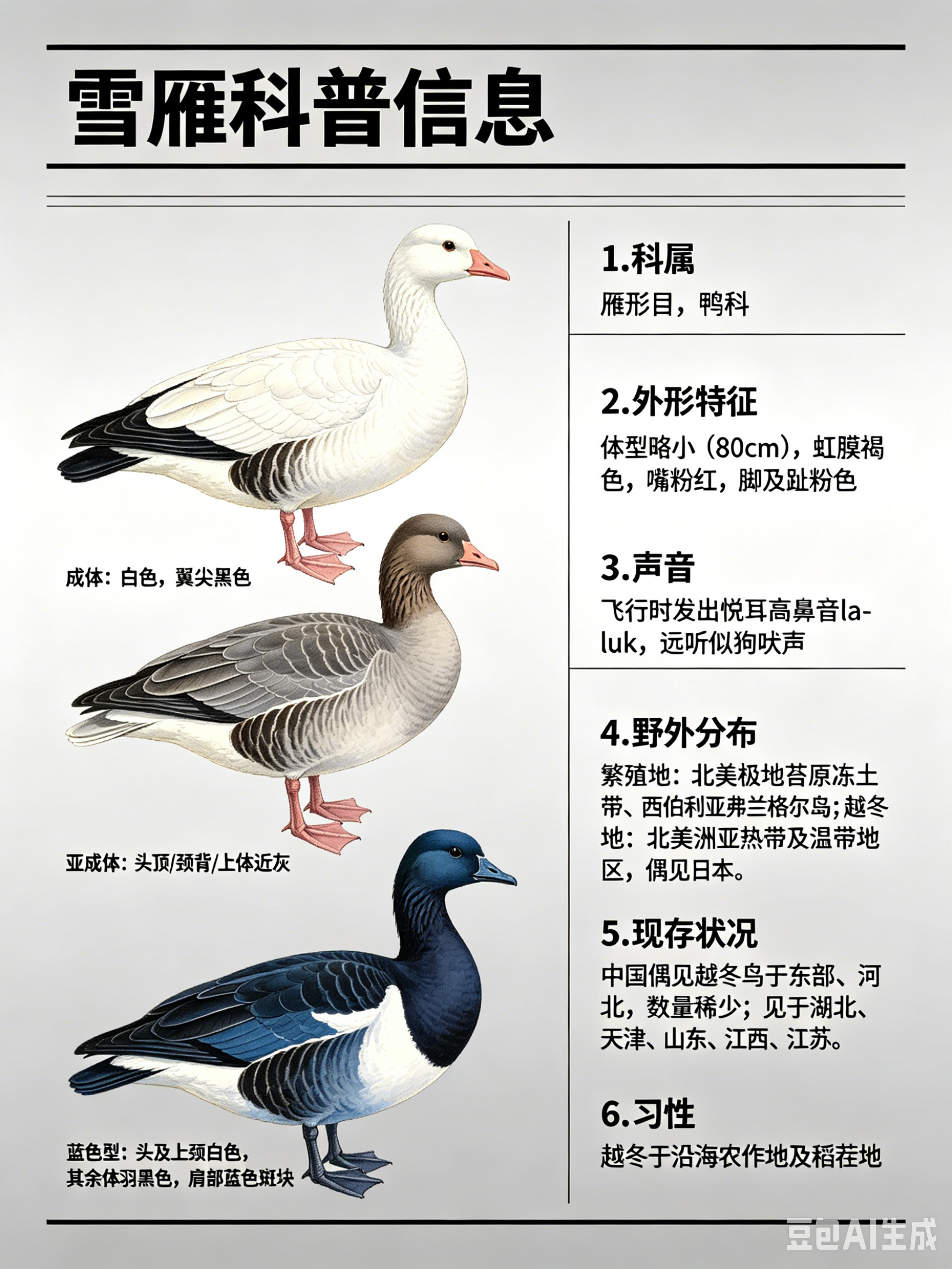 鸟类朋友图鉴雪雁·科属：雁形目，鸭科。·外形特征：体型略小（80cm）的白色雁