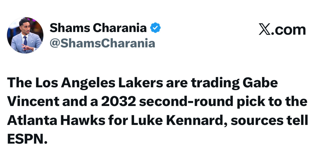 卧槽了，老鹰给8d找了一个竞争对手shams：洛杉矶湖人队将加布文森特和203