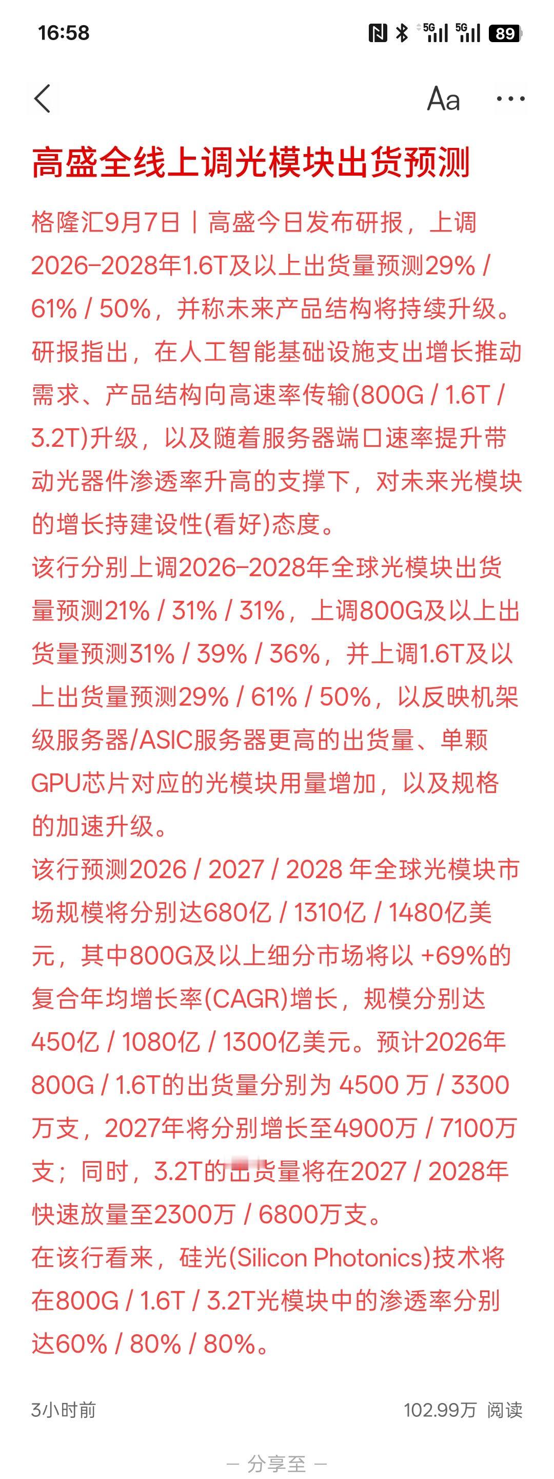 高盛全线上调光模块出货预测，今天整个光模块PCB全部大涨，现在高盛又力挺光模块，