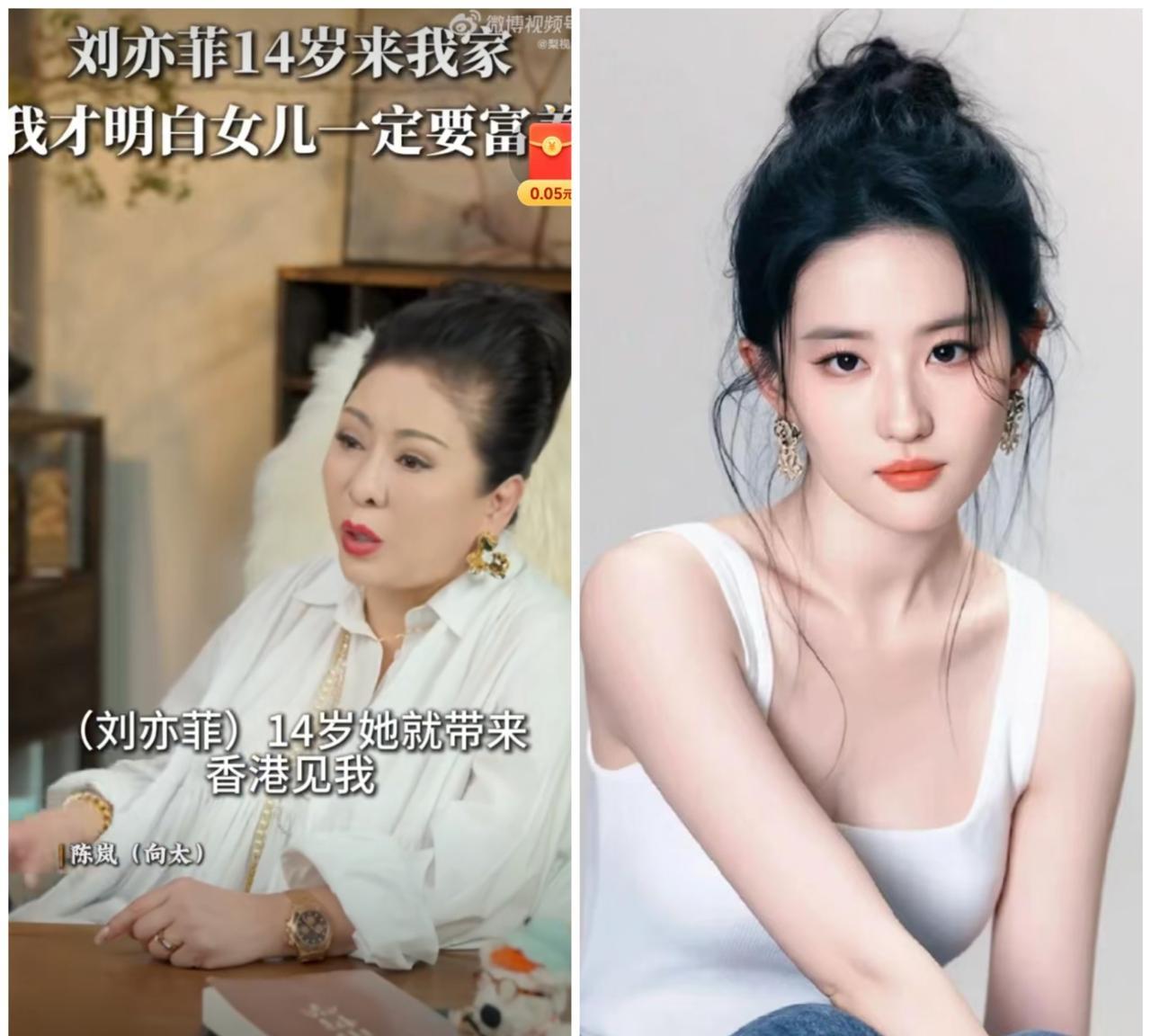 向太说刘亦菲14岁的时候，她妈妈就领刘亦菲去见了自己，那个时候的刘亦菲跟现在完