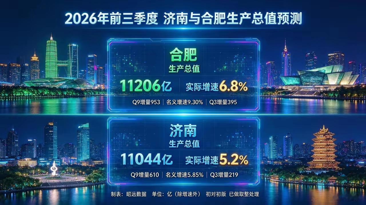 结合2026年前三季度济南与合肥GDP的预测数据，合肥前三季度GDP总量已经领先