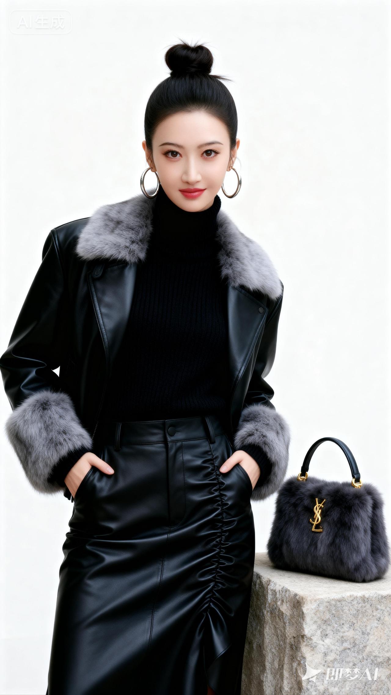 时尚穿搭指南：黑色皮衣+皮裙，优雅大气！