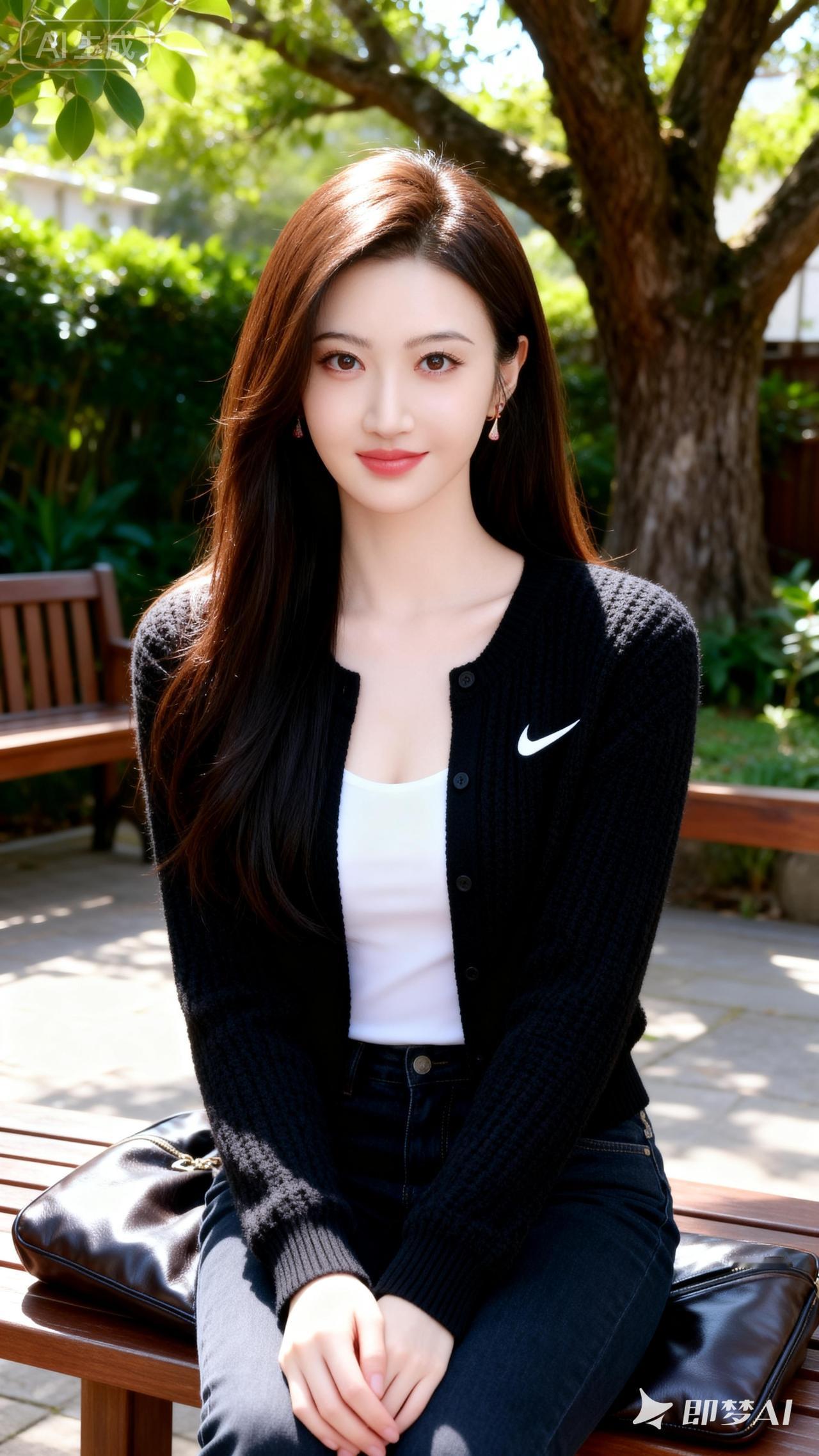 阳光明媚，她坐在公园长椅上。