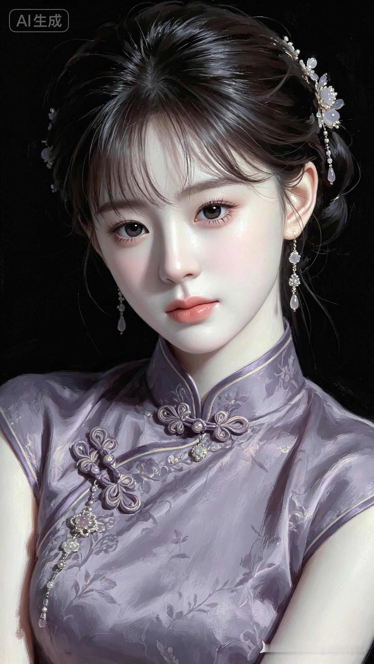 盘发少女着烟紫盘扣旗袍，羊脂玉冷白皮珠光肌，多重暖光，胶片lomo颗粒，微曝光虚
