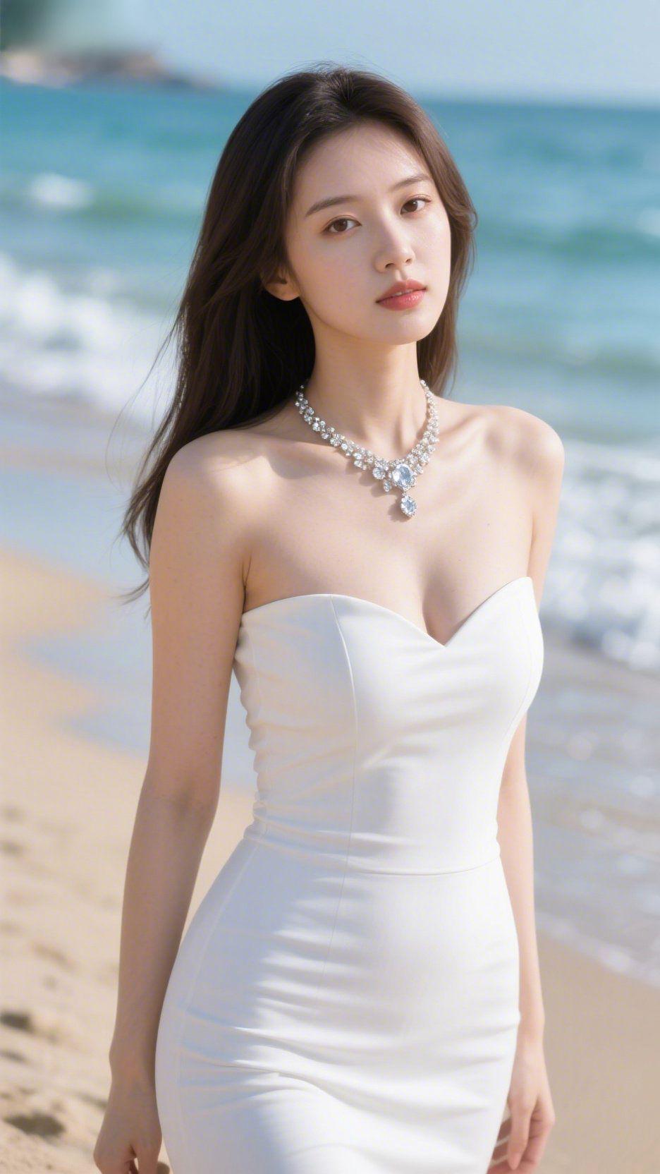 海畔素裙细沙栖上衣角时，她立在浪与光的交界。裙身如匀净的云缕，顺着肩