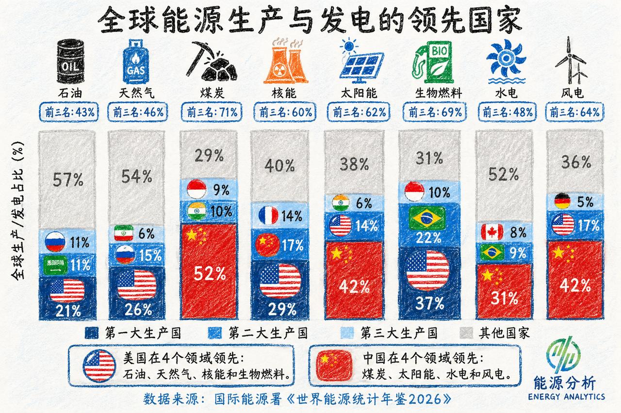 刚看到一张图：在全球八大核心能源品类里，中美恰好各占四个“世界第一”，上演了一场