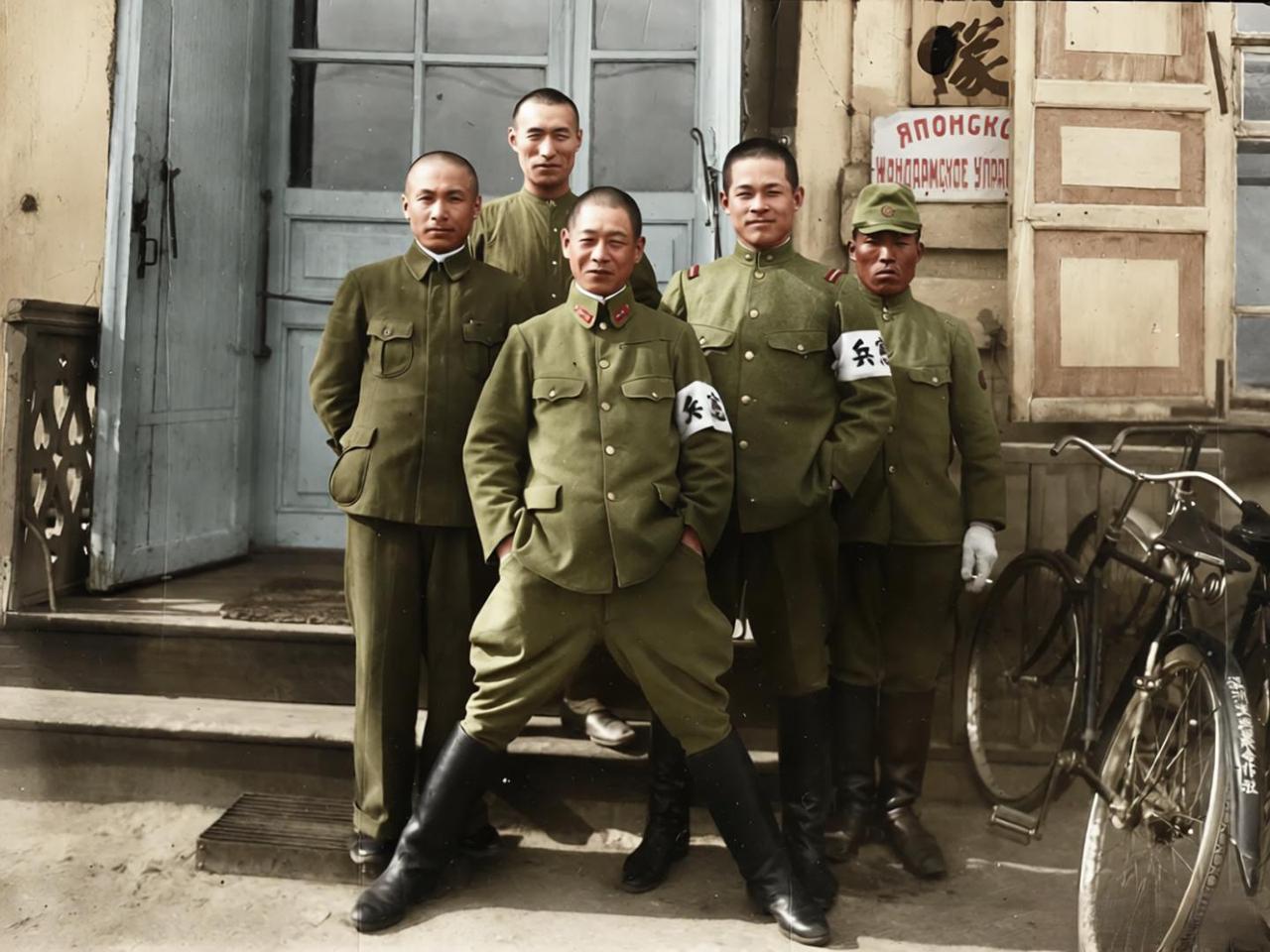 这是1932年侵华日军驻满洲里的宪兵合影，照片中5名身着军装的人员（臂章带有“宪