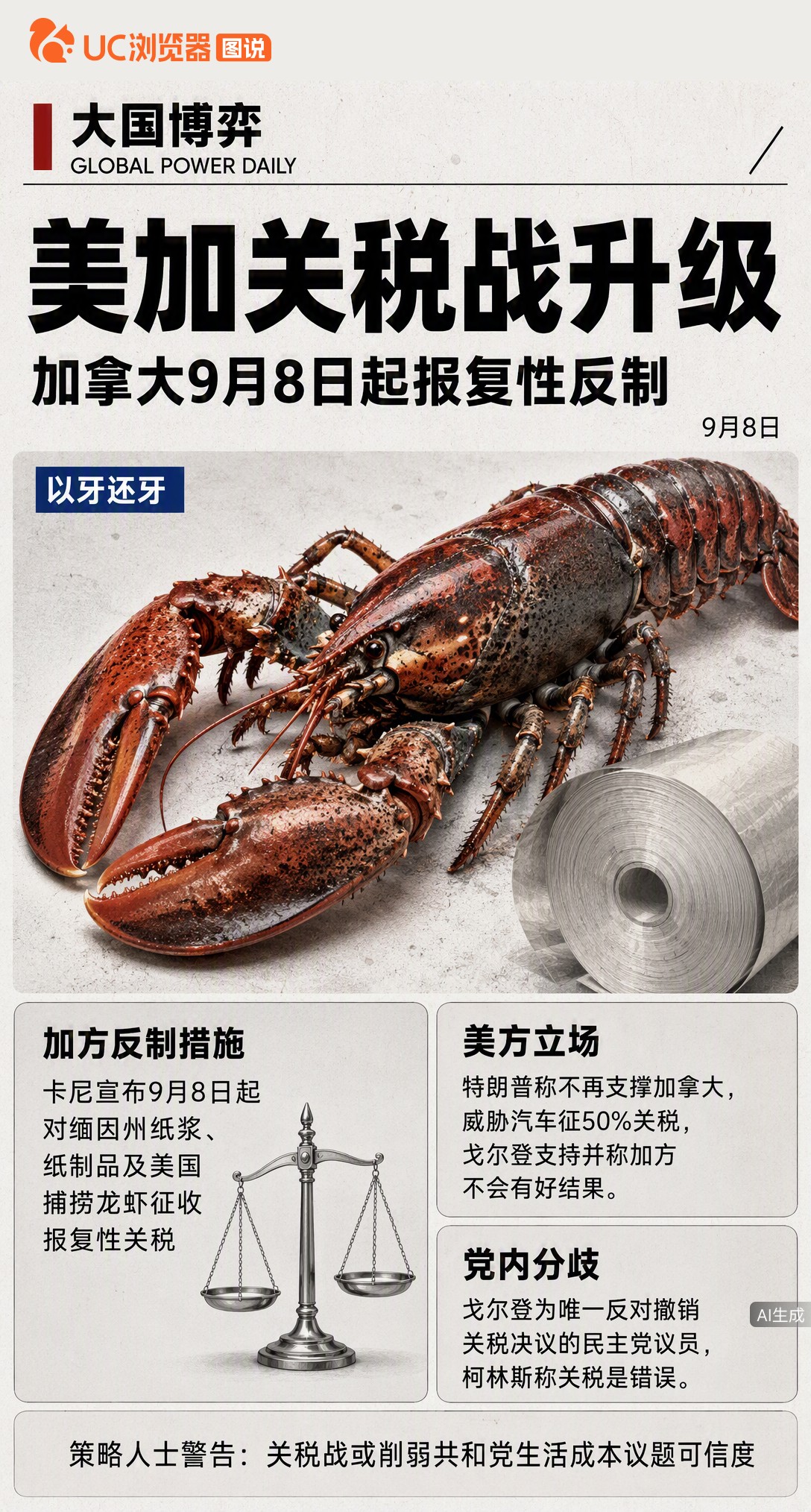 美对加征50%关税，加拿大9月8日起反制瞄准缅因州龙虾。民主党议员戈尔登却力挺特朗普，成众议院唯一投