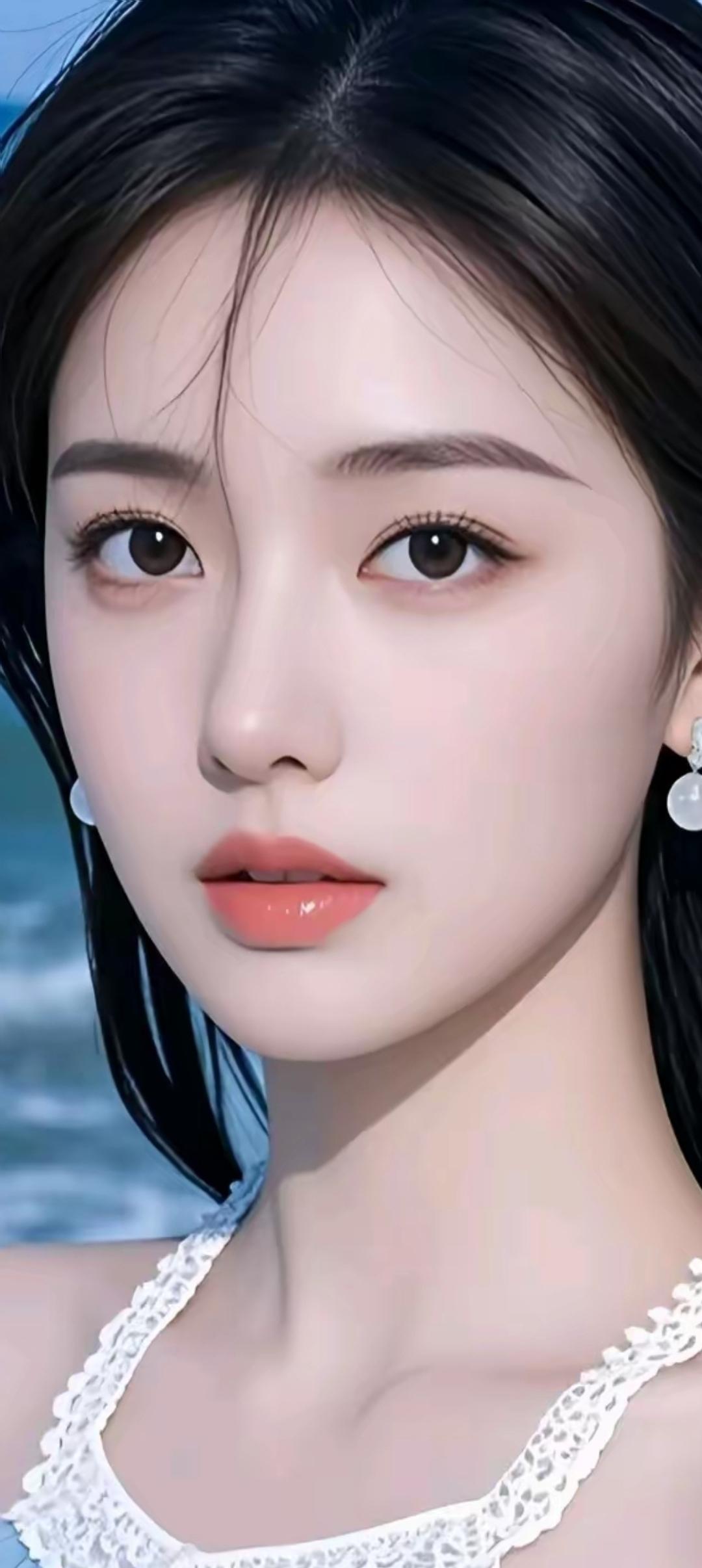 温柔的海风轻拂，白皙肌肤与黑发相映成趣，宛如海边的精灵。