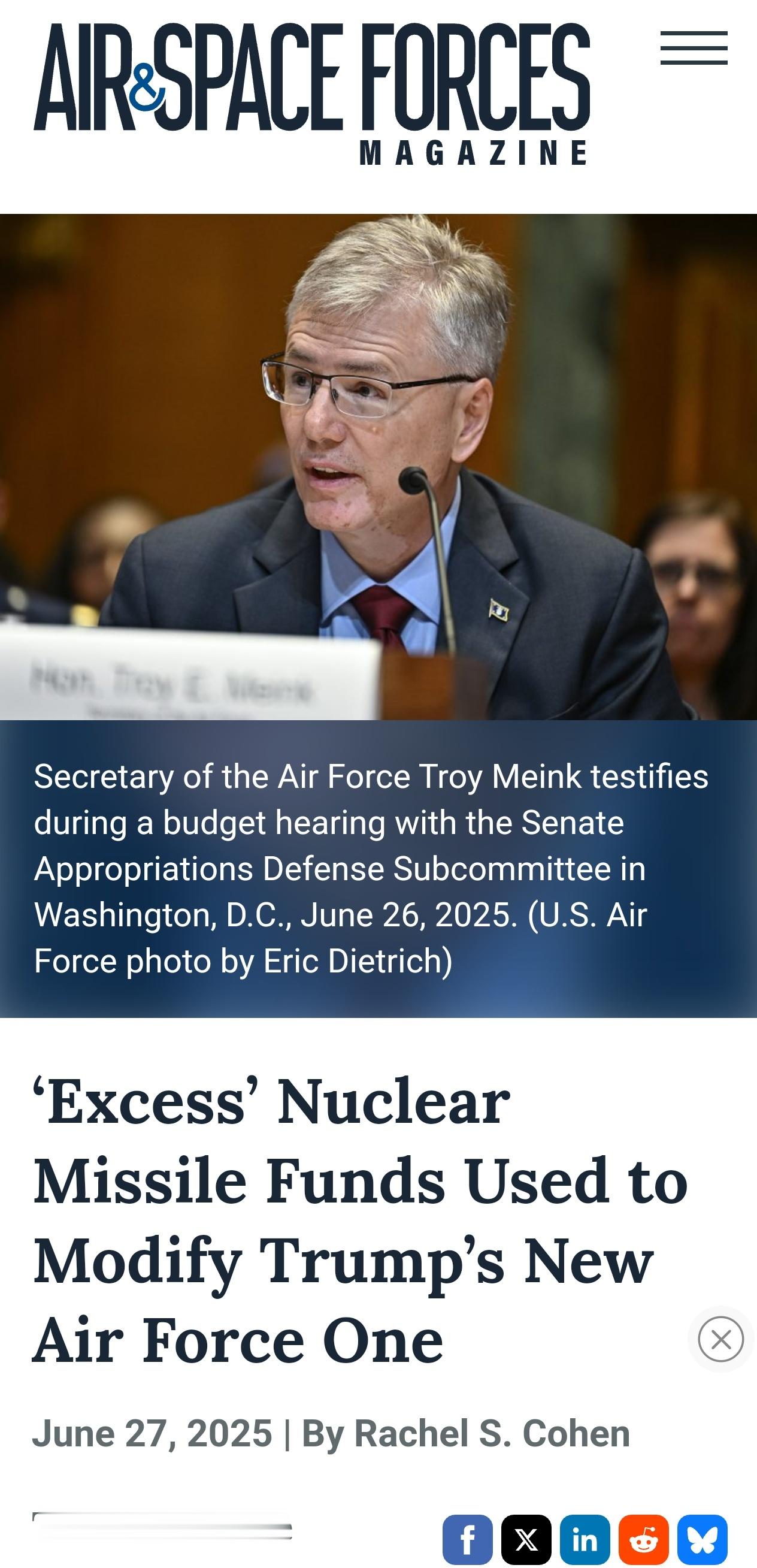 空军部长特洛伊·E·梅因克于6月26日表示，空军将一笔声称是其新弹道导弹项目因延