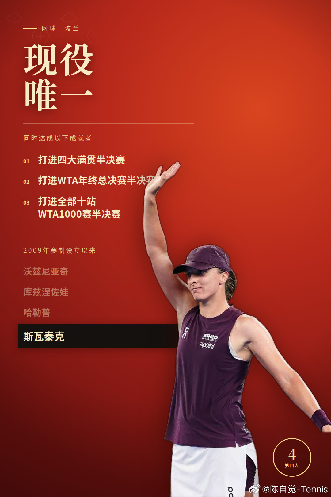 现役球员中，同时达成以下成就者：打进四大满贯半决赛打进WTA年终总决赛半决赛打进