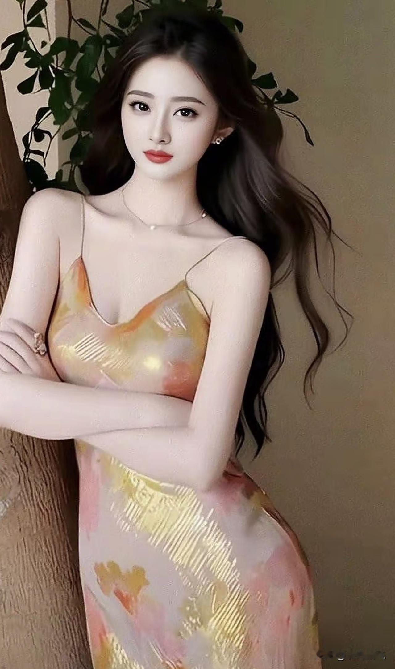优雅气质，金色连衣裙，自信微笑，时尚穿搭黄色高级连衣裙香槟黄连衣裙黑底金链连