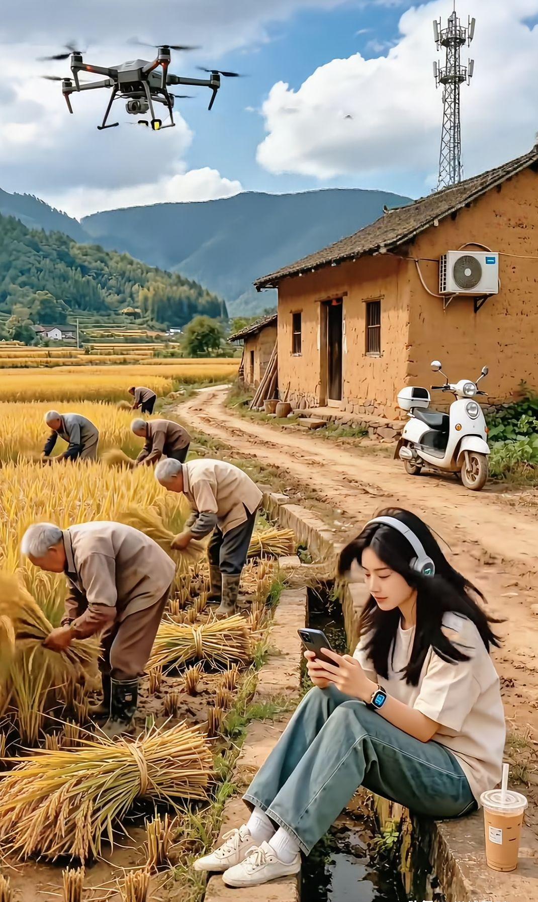 找不合理的的物件下图片上80年代农民伯伯收割稻谷的场面，有8处是当年的没有的物