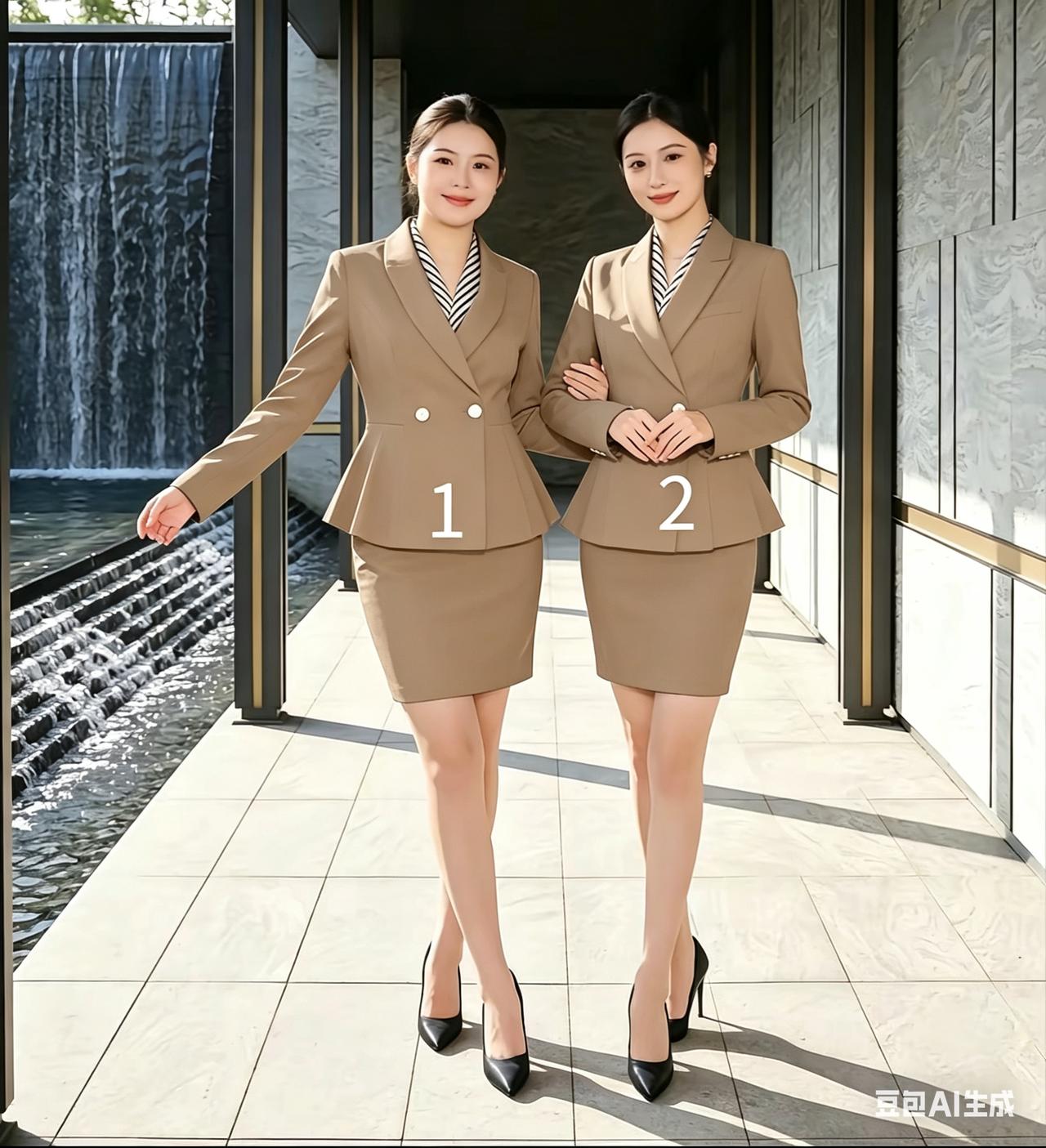 哪一位是姐姐呢？姐妹俩身着同款西装套裙，身姿高挑，颜值极高。她们一个是姐姐，一