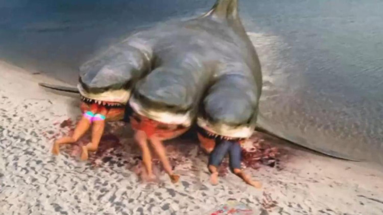 海滩上演血腥一幕,三头巨鲨狂咬众人