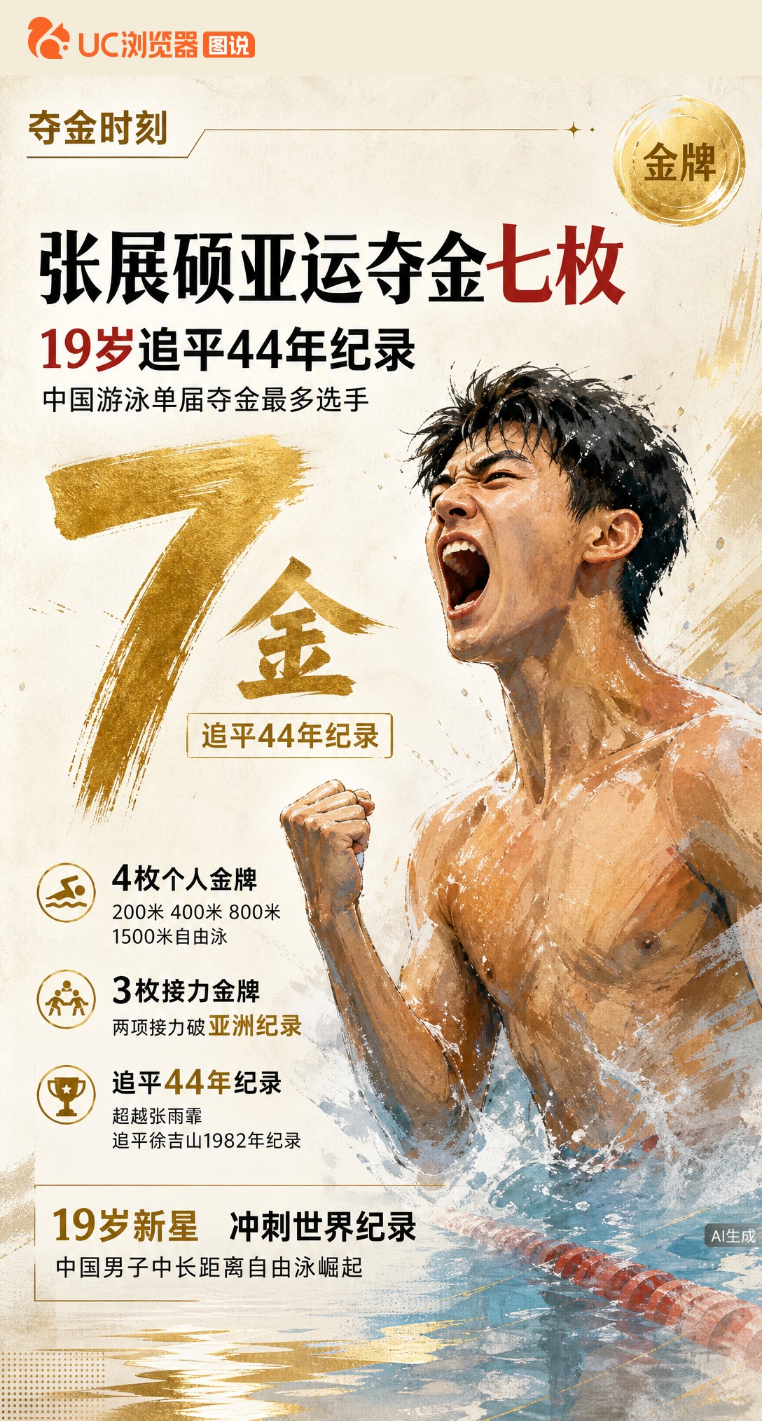19岁张展硕亚运狂揽7金！400自夺冠收官，追平尘封44年的单届个人夺金纪录，超越张雨霏成中国游泳单