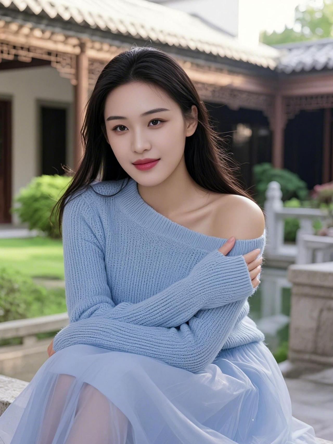 在柔和的光线下，她像一幅静谧的画，淡蓝色的毛衣勾勒出温柔的轮廓，仿佛是春日里的一