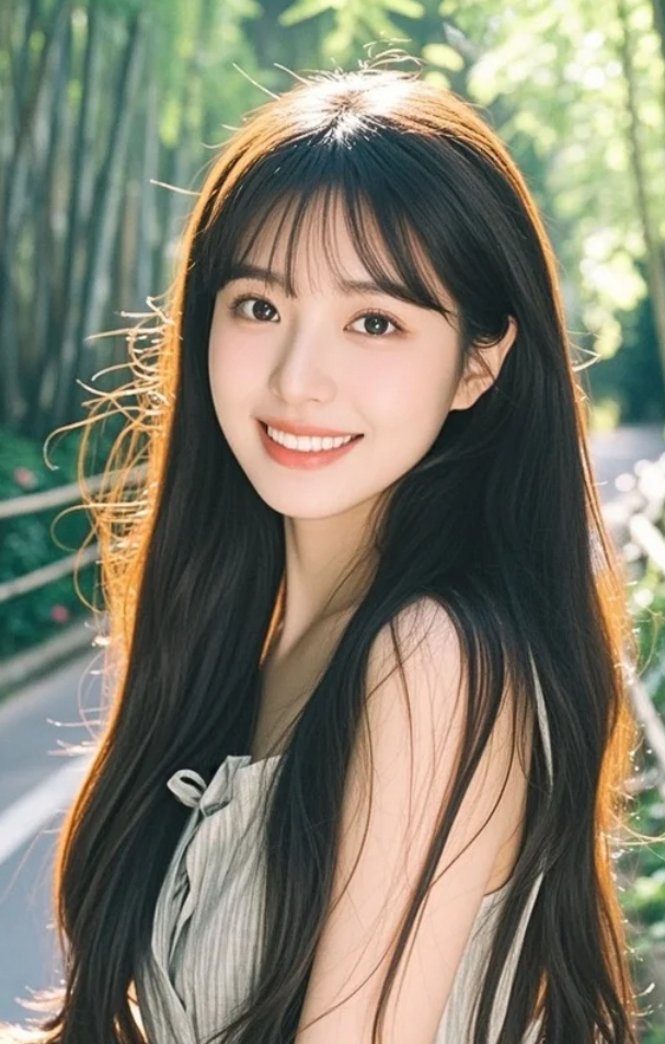 长发随风轻扬，她走过的每一步都像在演绎东方意境美