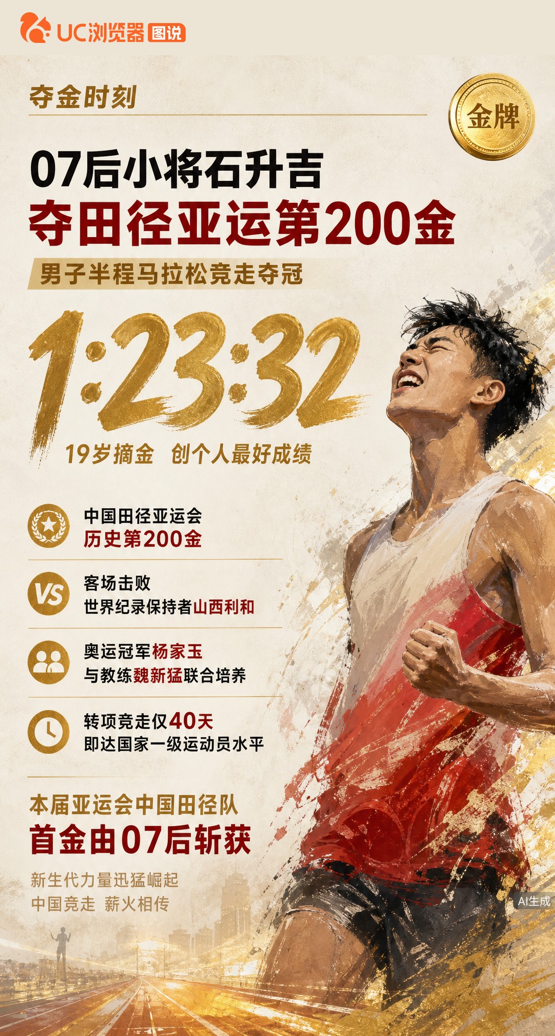 19岁石升吉夺男子半马竞走金牌，斩获中国田径亚运第200金！转项仅40天就客场击败世界纪录保持者，这