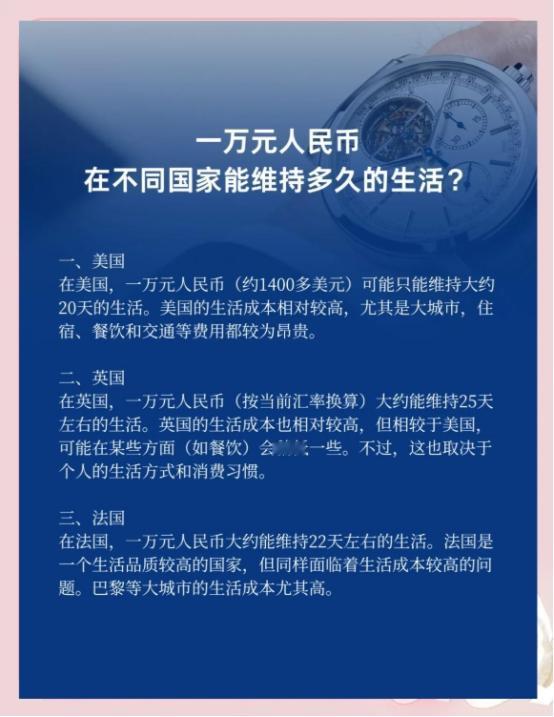 一万元人民币在各个国家能活多久？1、在美国，一万块，估计能活30天2、在英国