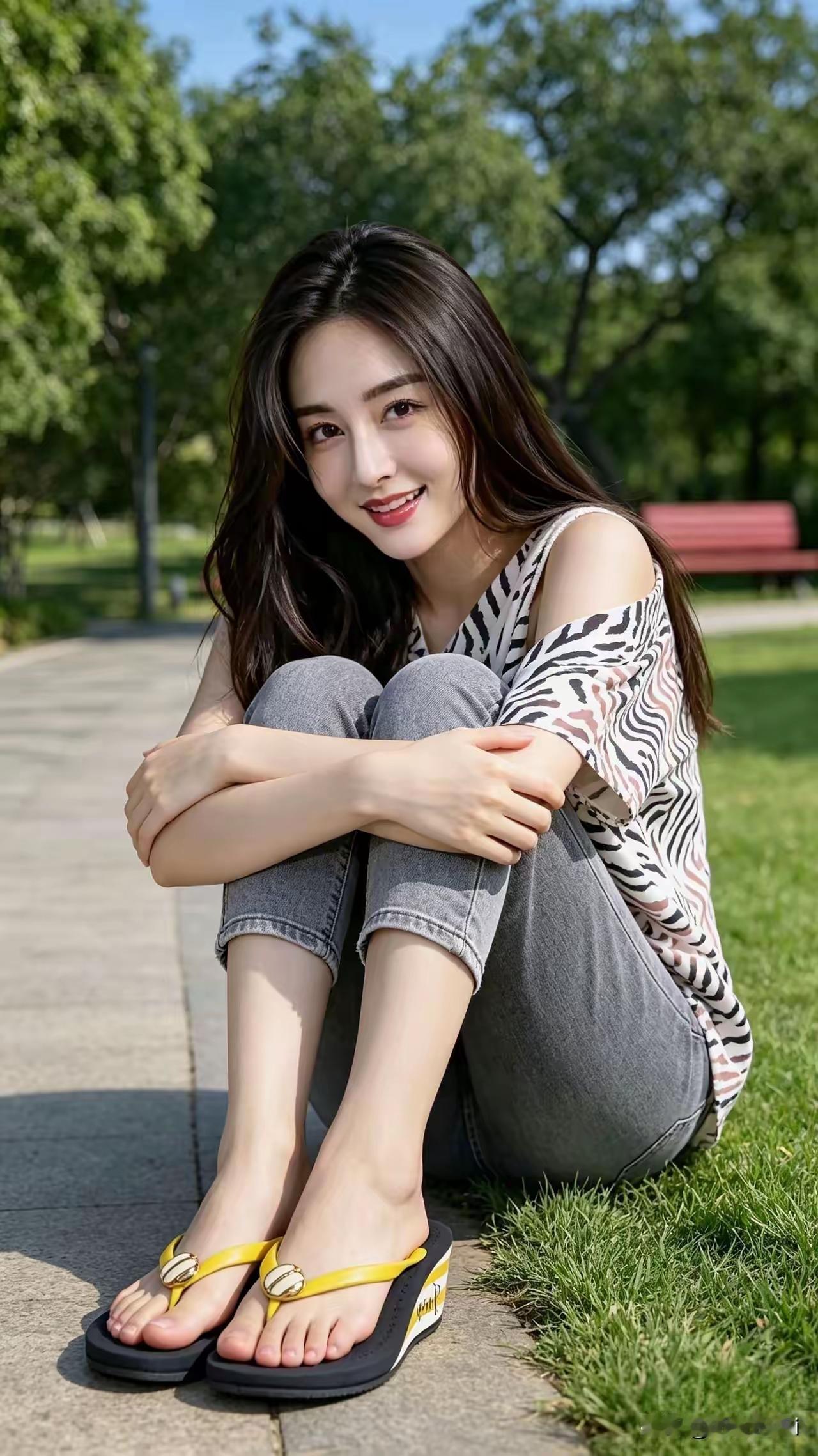 阳光明媚，公园里坐着个漂亮姑娘。