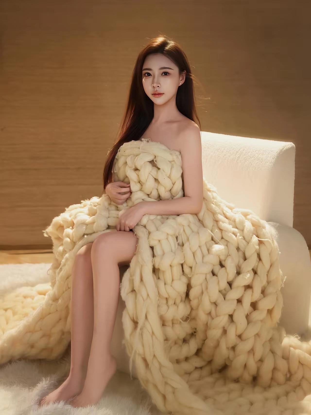 视觉会骗人！这毛线太粗了，显得这位小女生很娇小，但看的再仔细一点，这位小女