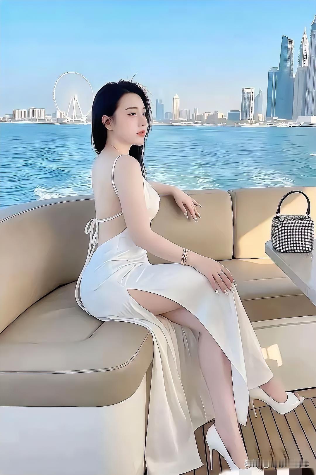 太美了吧！一袭白衣！凉爽的吊带开叉裙，秀出美白肌肤，让你欣赏的不止是风景，还有佳