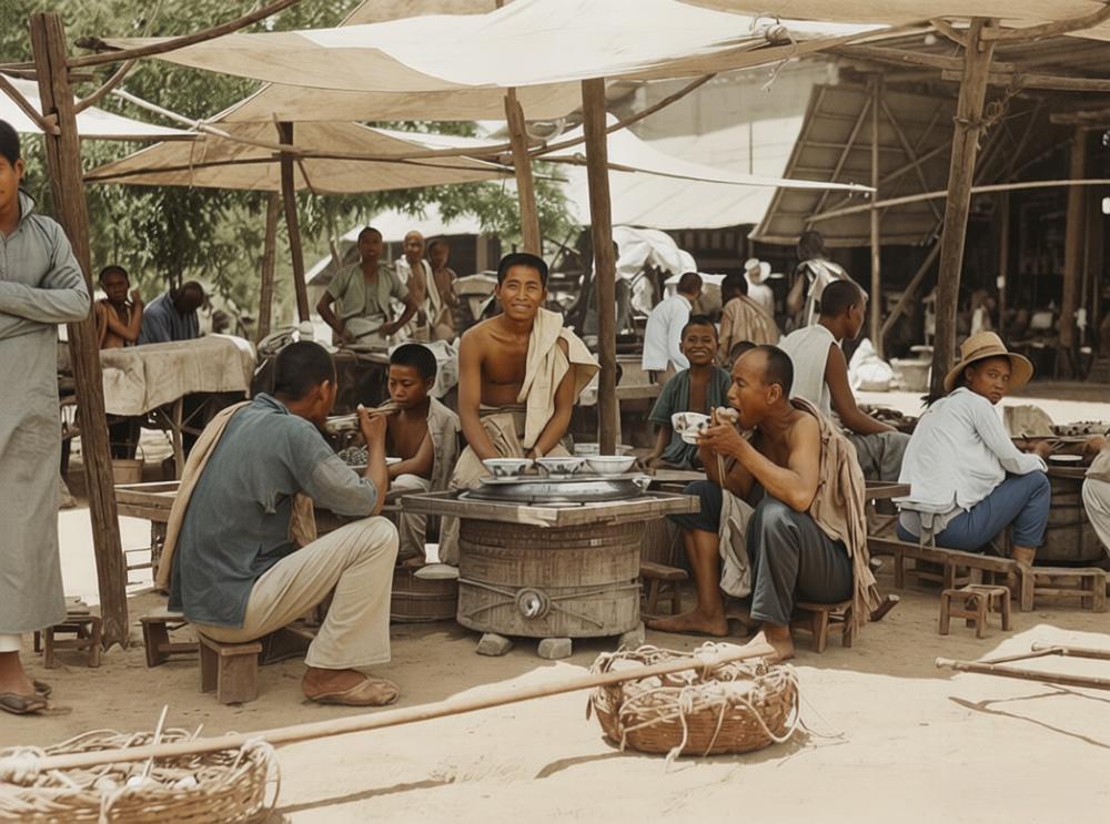 1919年，北京街头，一群体力劳动者在露天饭摊吃饭，粗布与木杆搭起的简易遮阳篷，