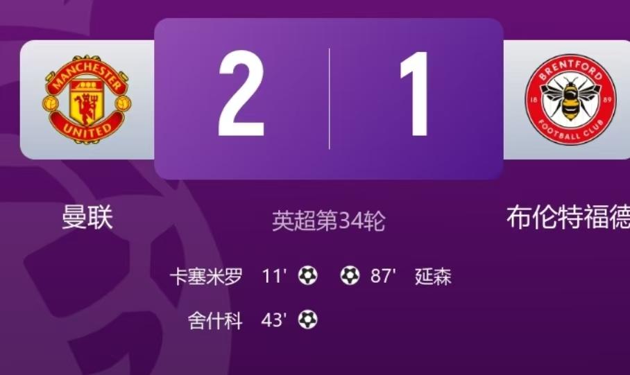 曼联重返欧冠，英超第34轮，曼联主场2：1战胜布伦特福德，联赛积分来到61分，在
