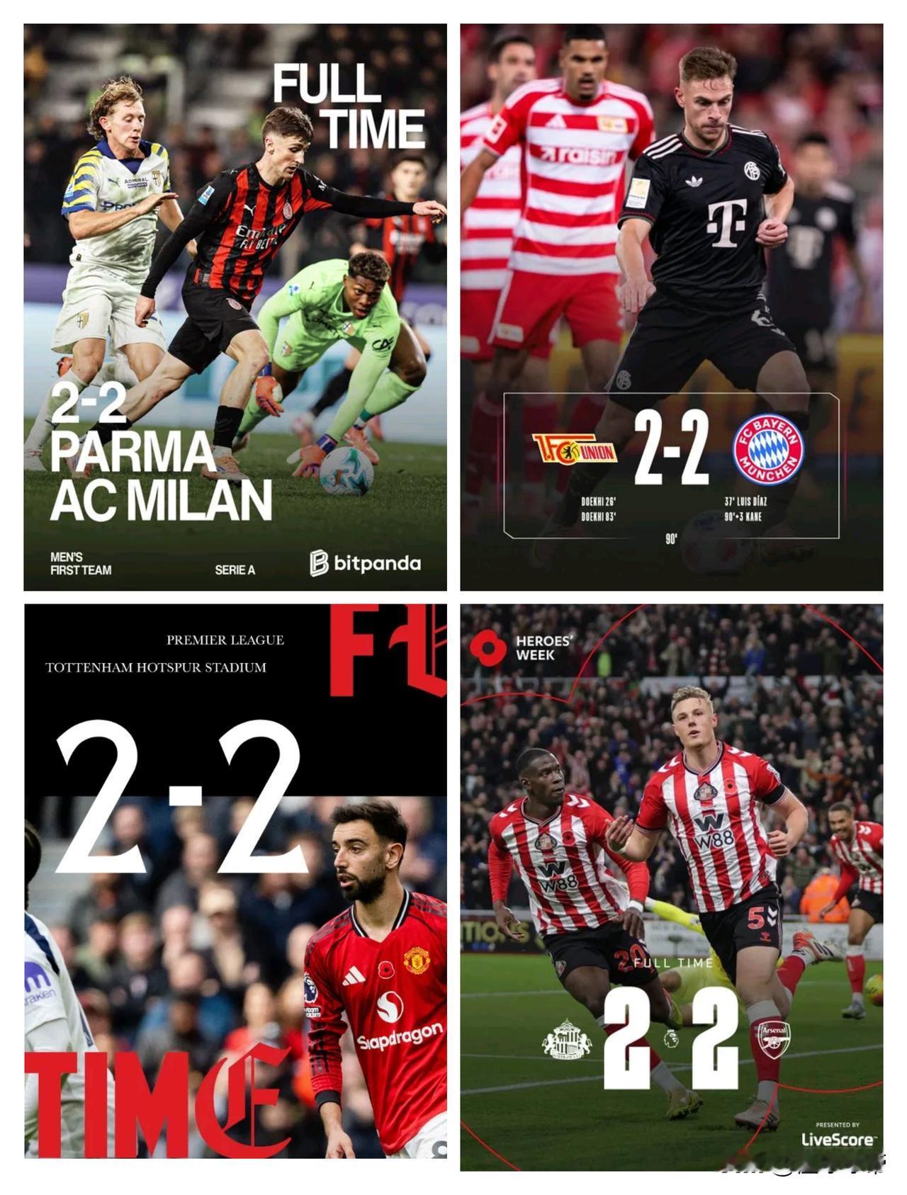 足坛2-2平局之夜，四大豪门全都踢出了2-2的比赛!昨晚欧洲五大联赛的比赛可