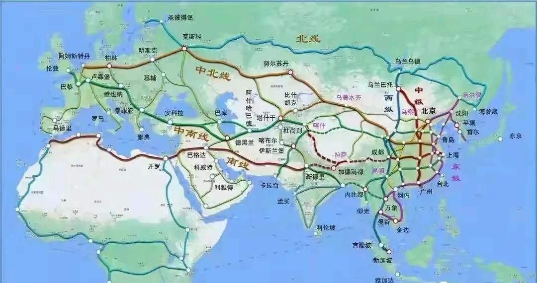 亚欧非铁路网远景规划图，如果按照规划全部建成，亚洲、欧洲以及非洲的铁路网将连成一